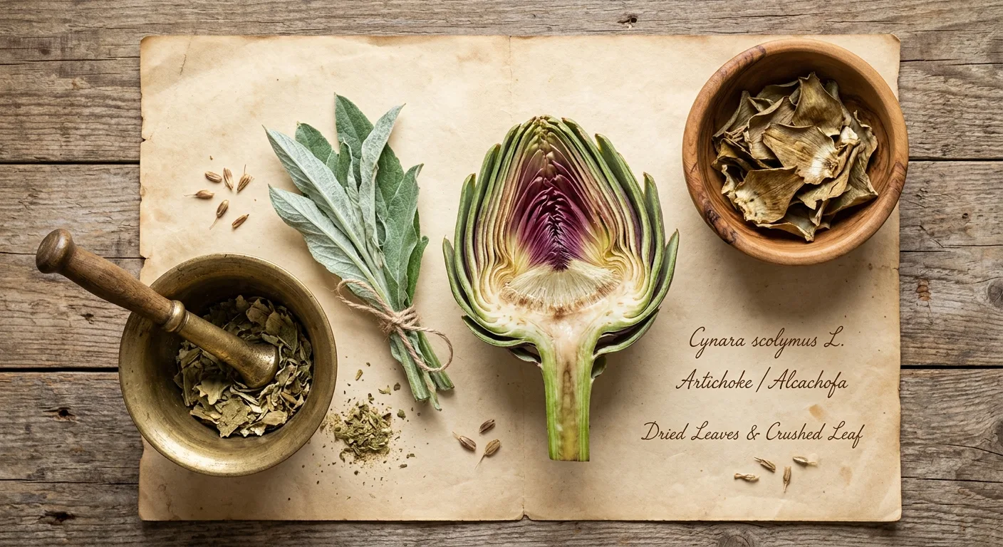 Artischocke (Cynara scolymus) — frischer Bluetenkopf und getrocknete Blaetter in der Kraeuterkunde