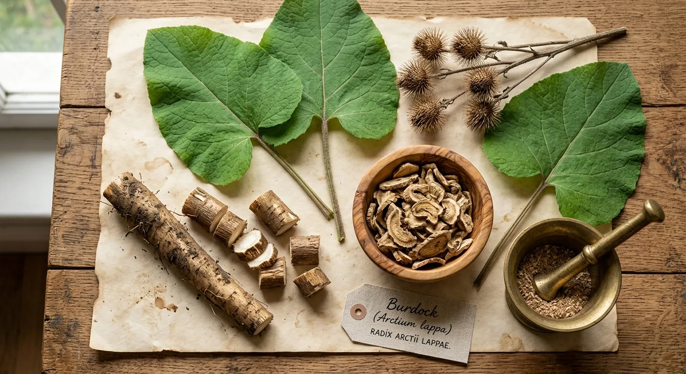 Brusture (Arctium lappa) — bucati proaspete de radacina, radacina uscata feliata si capete de seminte