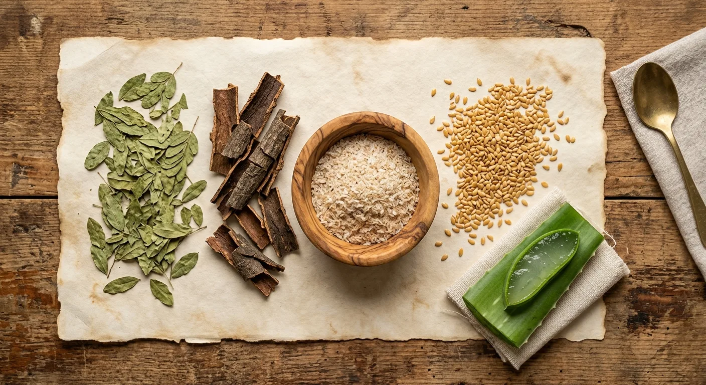 Draufsicht auf traditionelle Verdauungskraeuter und Ballaststoffe auf altem Pergament mit getrockneten Sennablaettern, Cascara-Sagrada-Rinde, Flohsamenschalen, goldenen Leinsamen und Aloe Vera