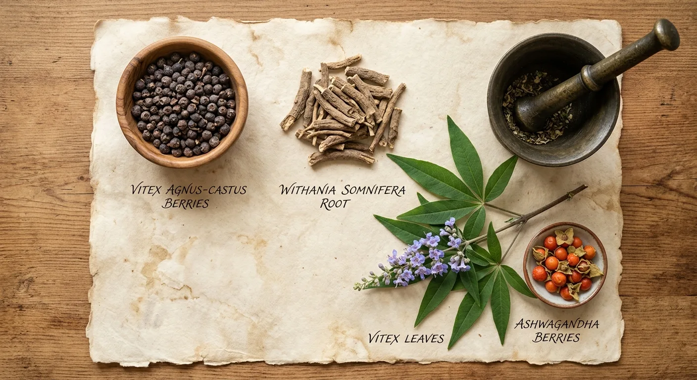 Pogled od zgoraj na tradicionalna zelisca za zensko pocutje: posuseni plodovi konopljike v leseni skodelici, koscki korenine ashwagandhe, svezi listi konopljike in medeznast moznar na topli leseni povrsini