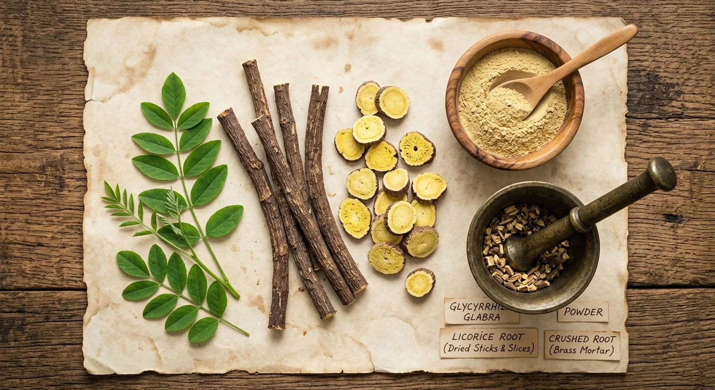 Sussholzwurzel (Glycyrrhiza glabra) — getrocknete Wurzelstangen und Pulver