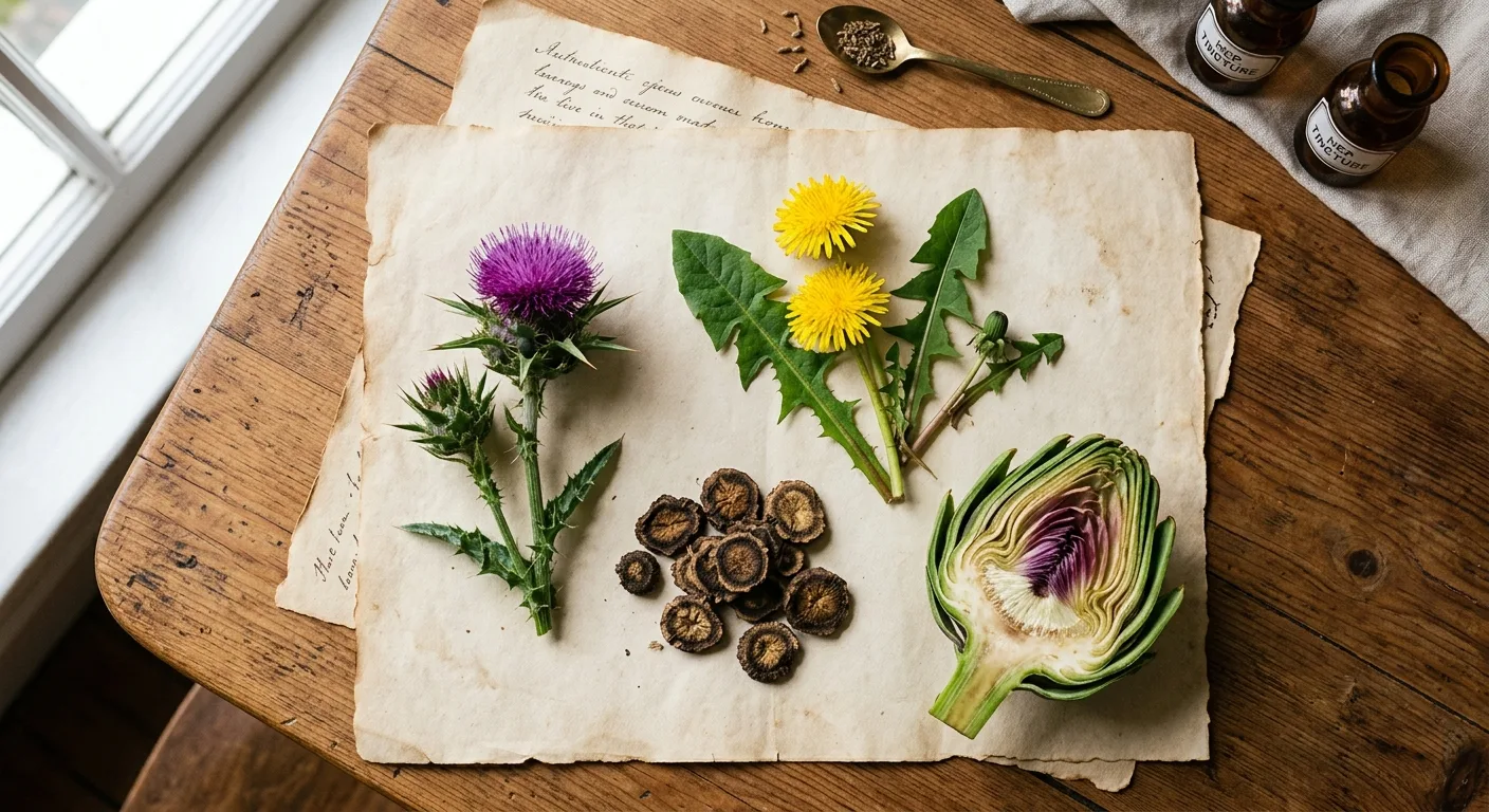 Draufsicht auf traditionelle europaeische leberunterstuetzende Kraeuter auf altem Pergament: lila Mariendistelbluete, gelbe Loewenzahnblueten, getrocknete Klettenwurzelscheiben und eine halbierte Artischocke