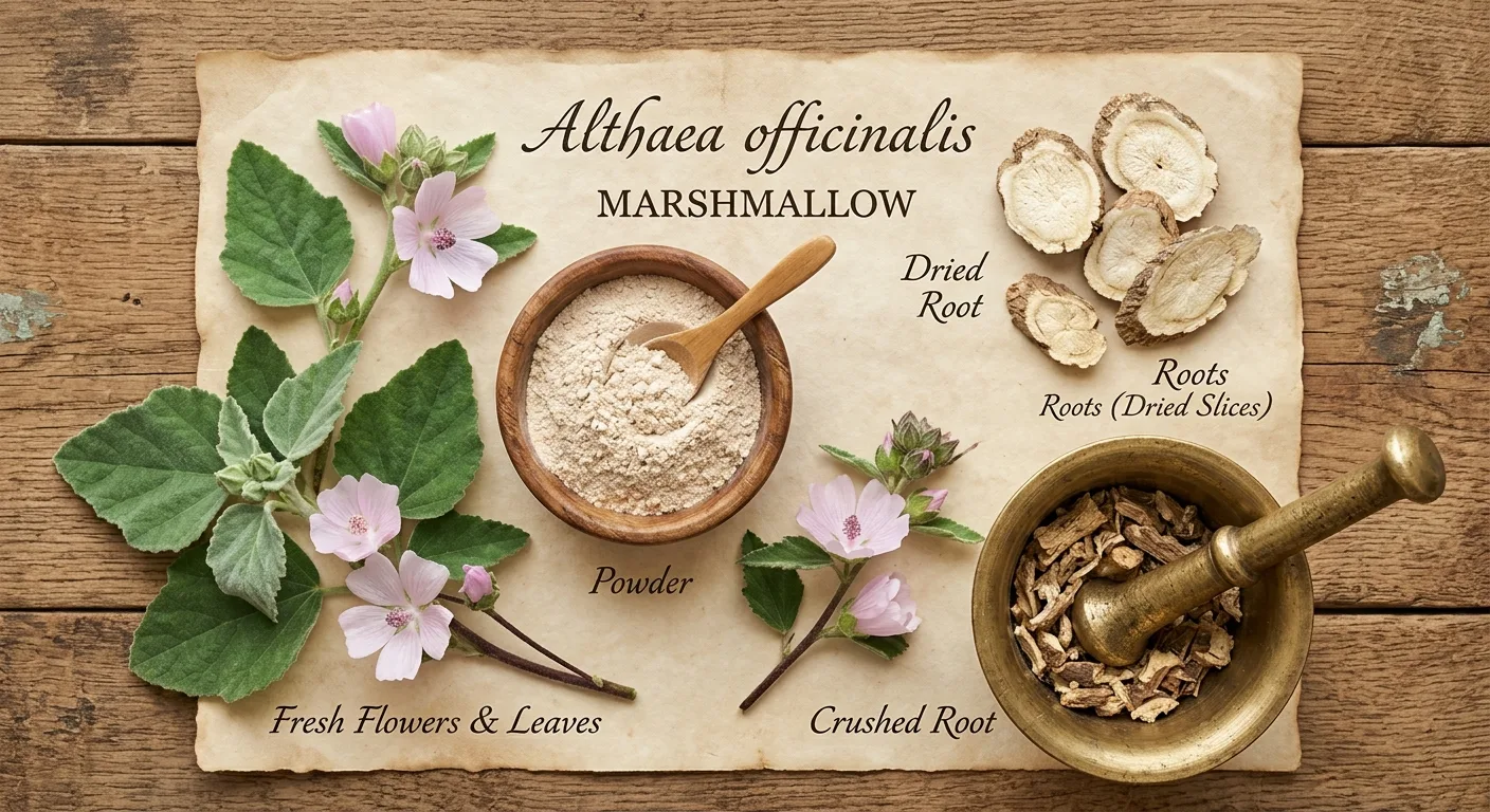 Eibischwurzel (Althaea officinalis) -- getrocknete Wurzelscheiben und Pulver mit frischen Blueten