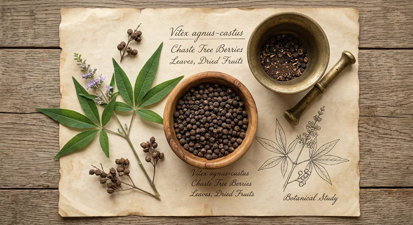 Monchspfeffer (Vitex agnus-castus) — getrocknete Beeren und bluhender Zweig